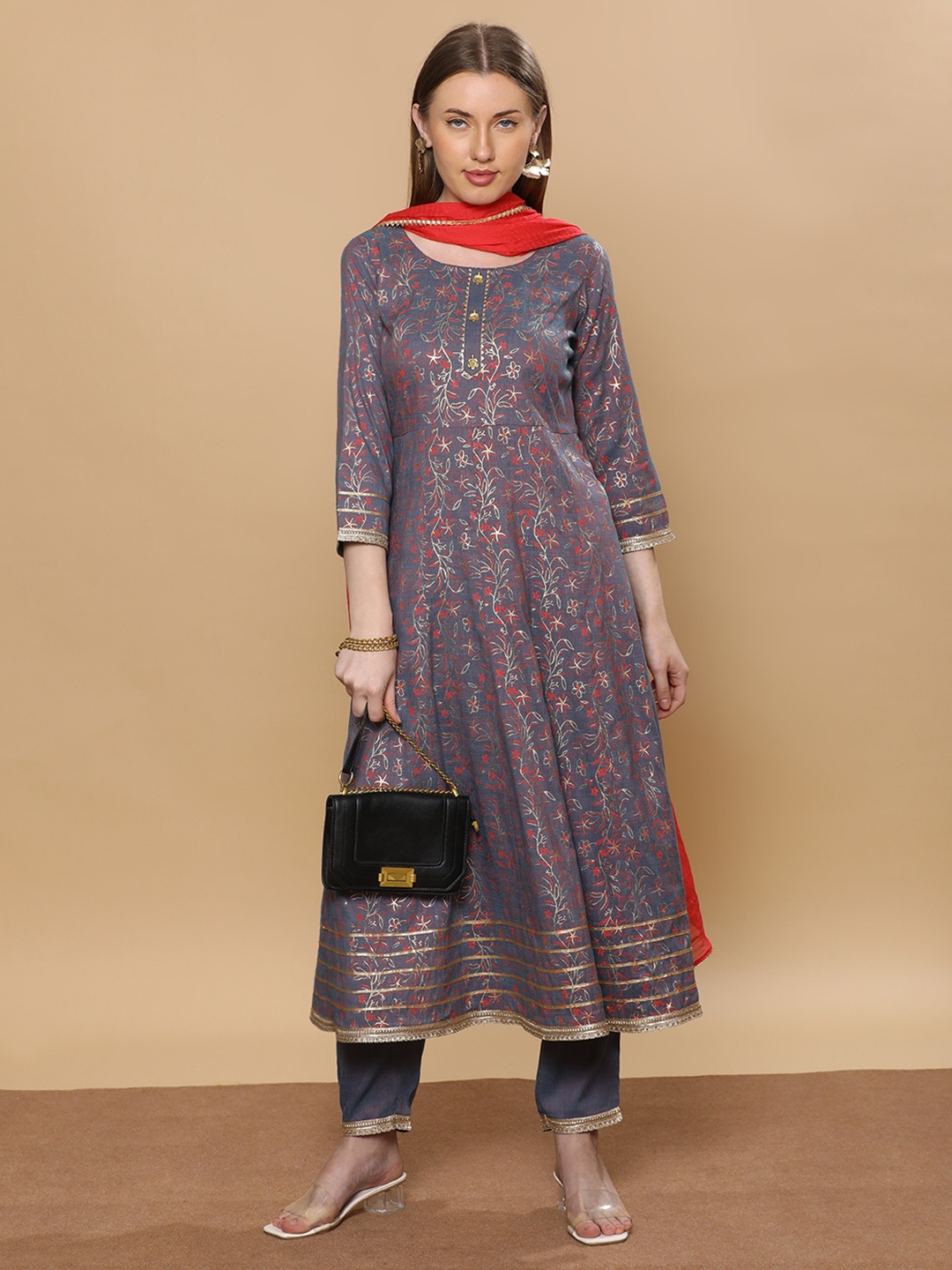 

DUMMY SHAPE Women Floral Printed Panelled Kurta with Trousers & With Dupatta, Grey melange