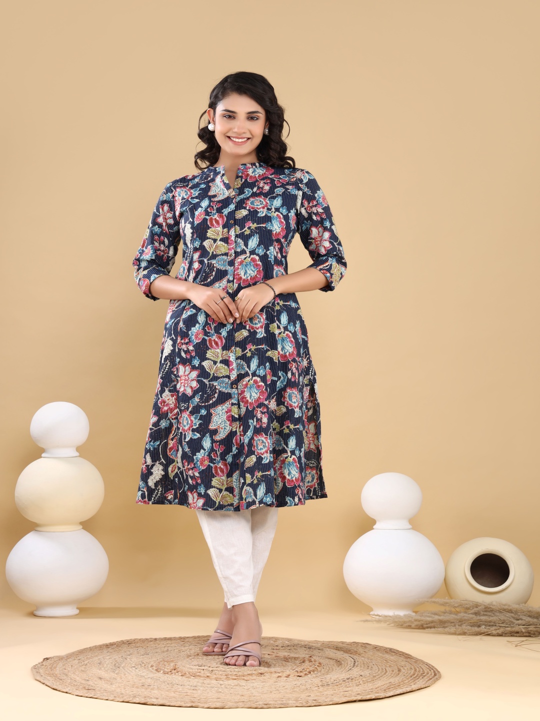 

Chandbaali Floral Printed Kantha Work Dobby Cotton A-Line Kurta, Blue