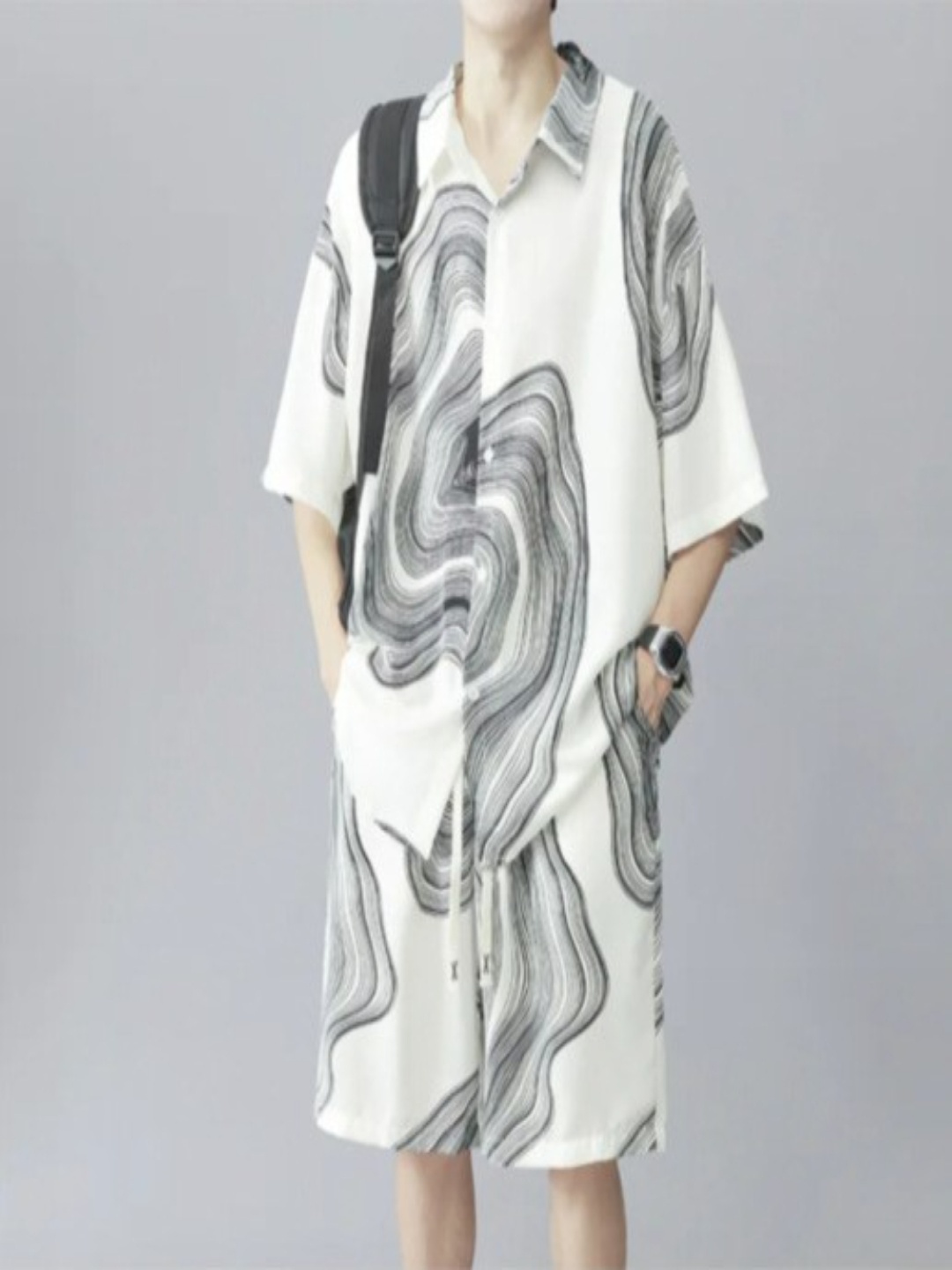 

HERE&NOW Abstract Printed Shirt Collar Neck Shirt With Shorts, White