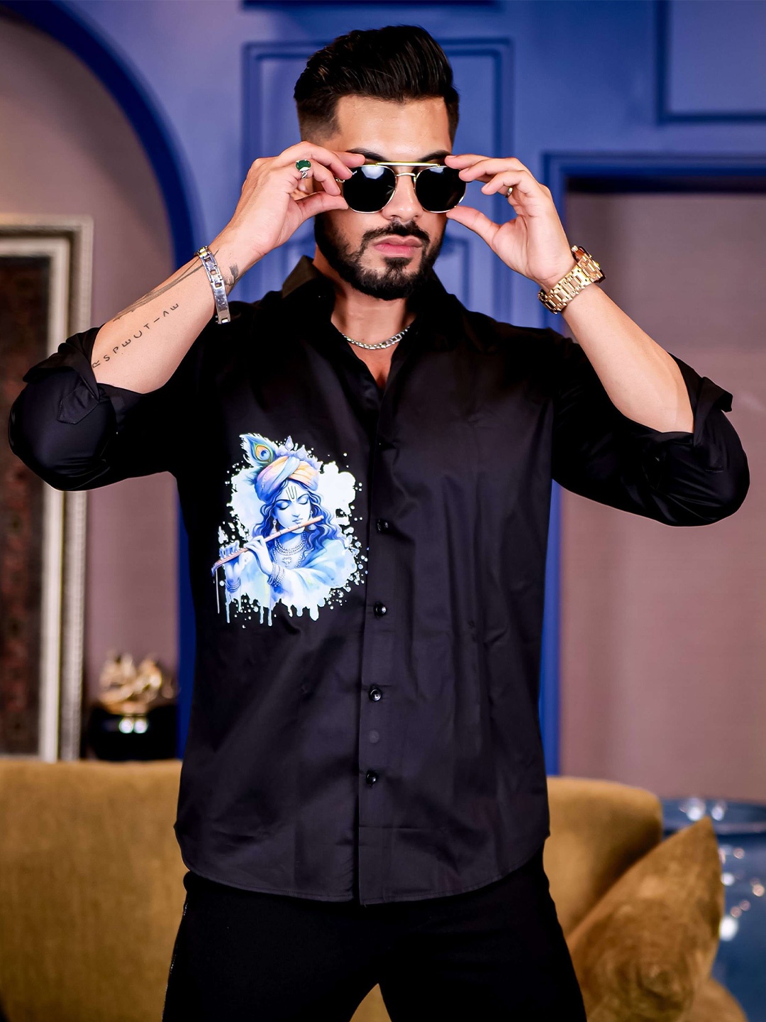 

Foomer Men Standard Floral Opaque Printed Casual Shirt, Black