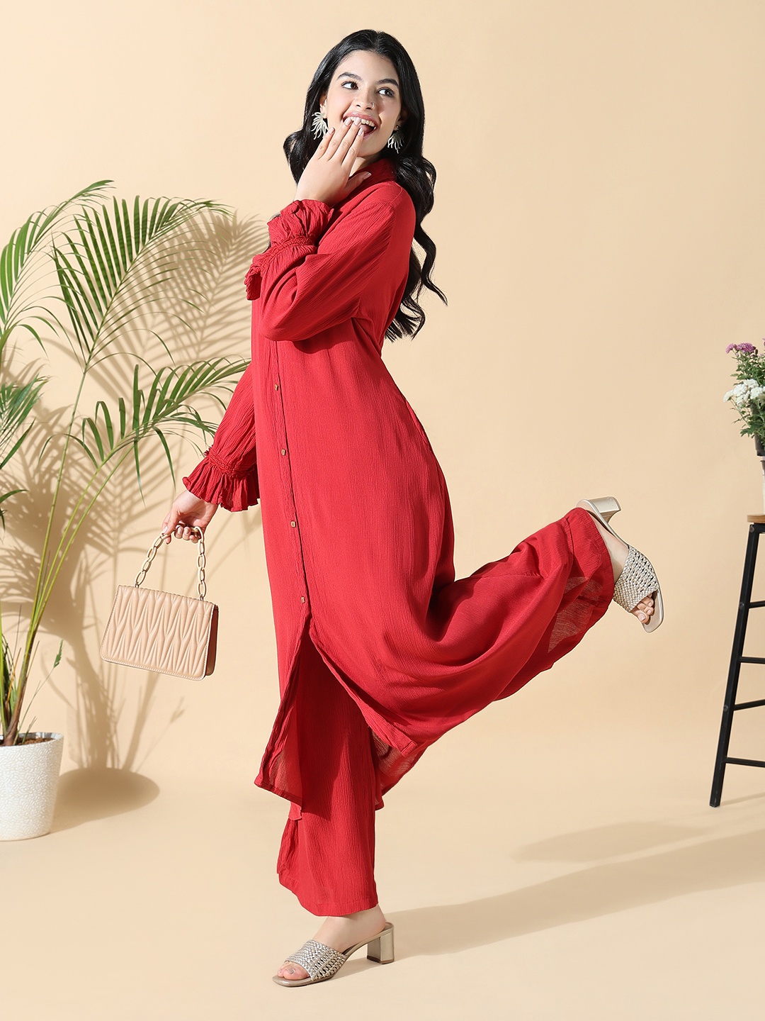 

SHOWOFF Women Regular Kurta with Palazzos, Red