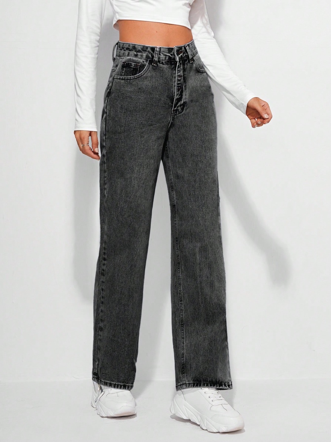

NU CLOTHS Women Jean Wide Leg High-Rise Stretchable Jeans, Grey
