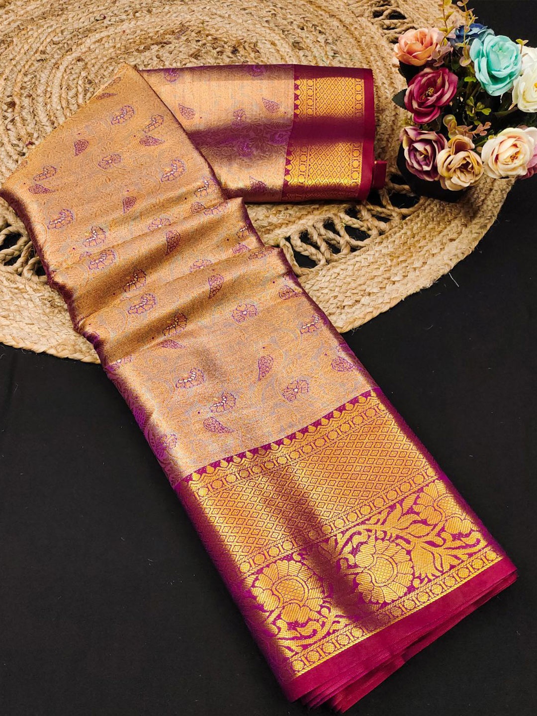 

yourwish Ethnic Motifs Zari Pure Silk Kanjeevaram Saree, Purple