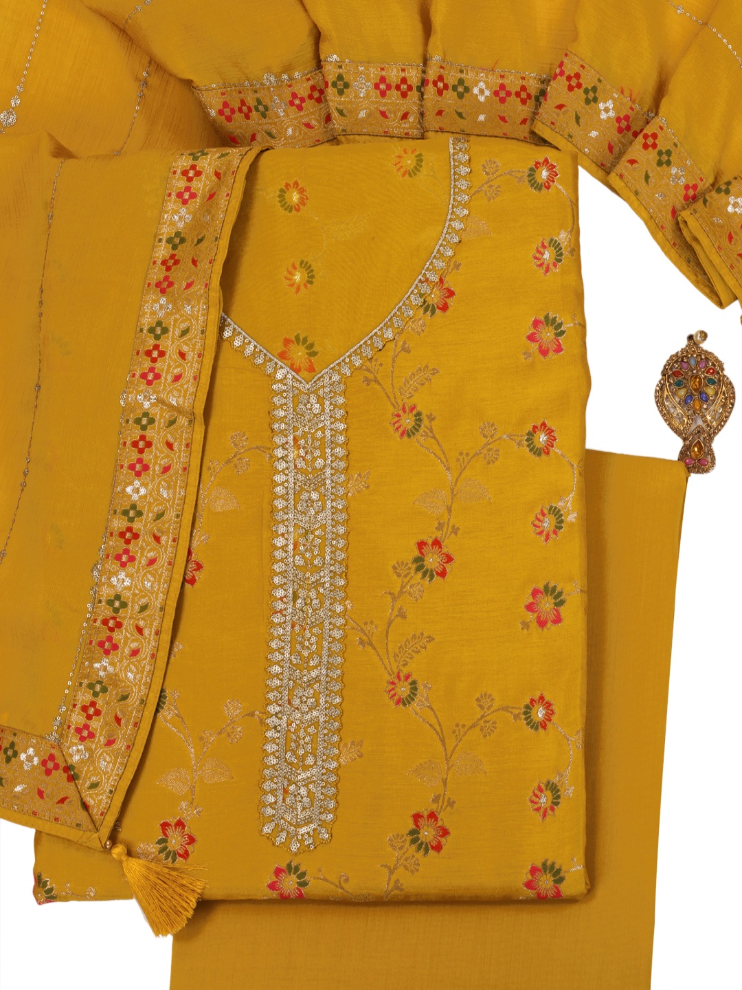 

KULEESH Floral Woven Design Sequinned Pure Silk Unstitched Dress Material, Mustard