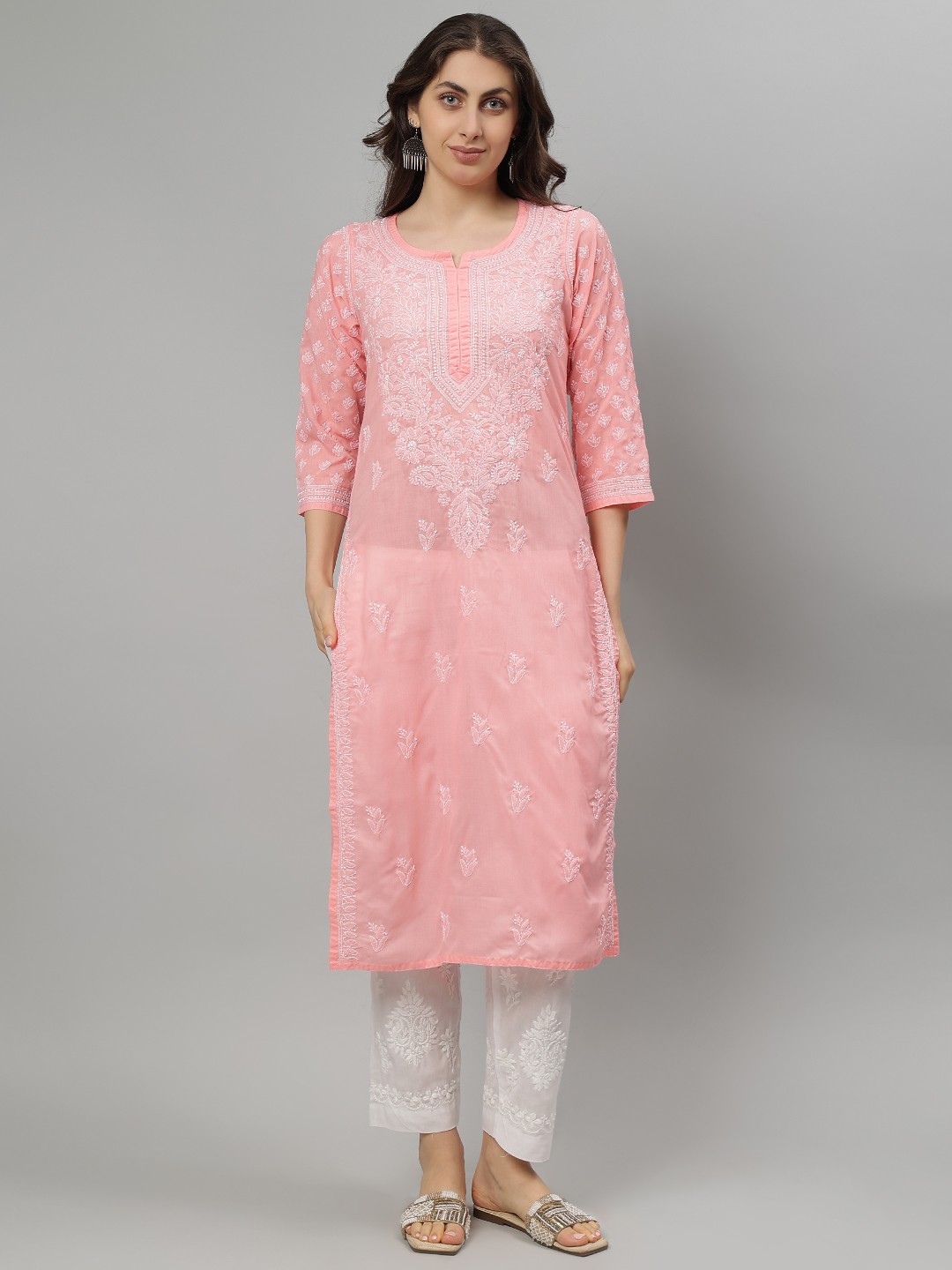 

Seva Chikan Floral Embroidered Notch Neck Lucknowi Chikankari Straight Kurta, Peach