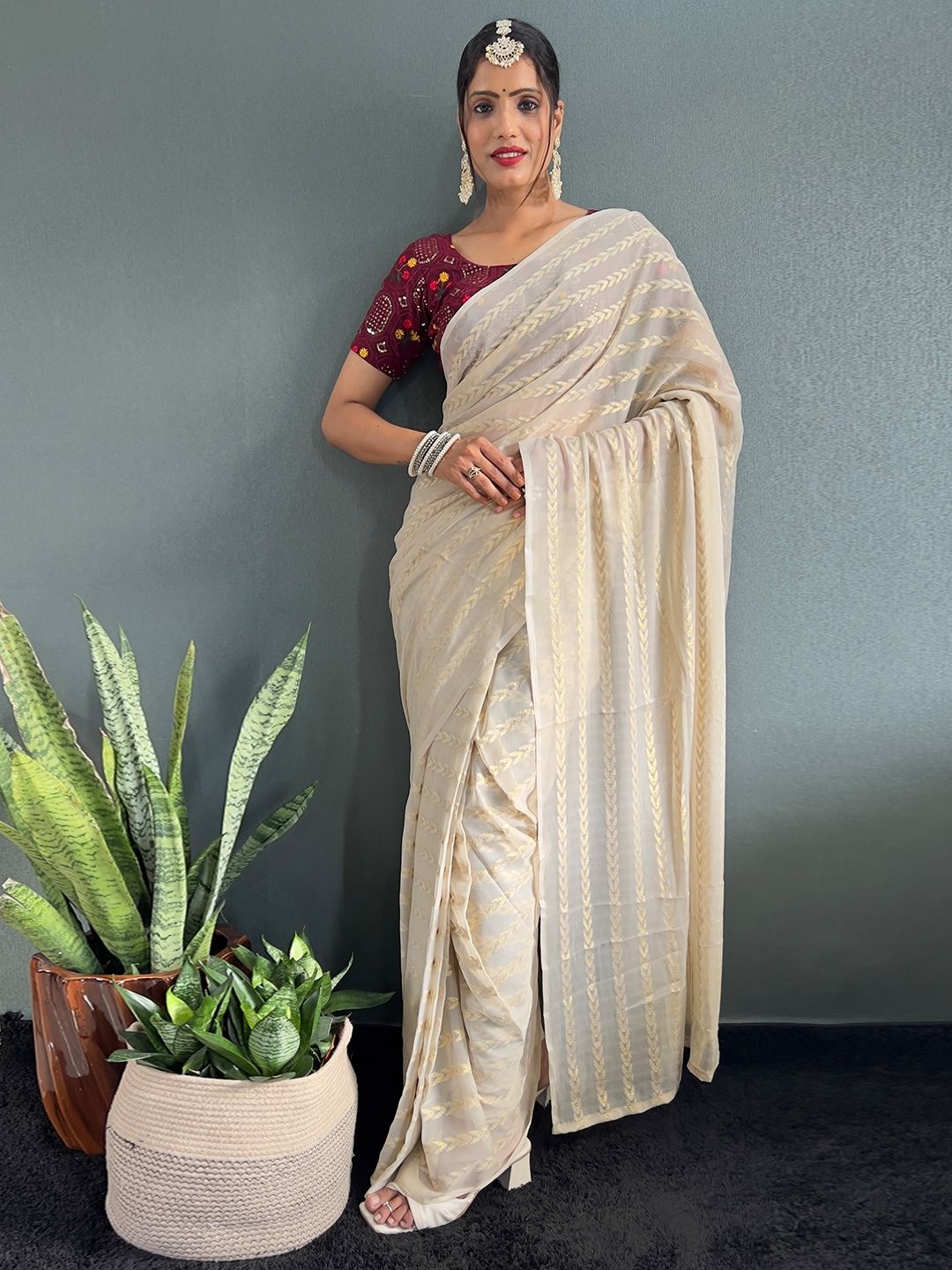

LeeliPeeri Designer Striped Poly Chiffon Ready to Wear Saree, Beige