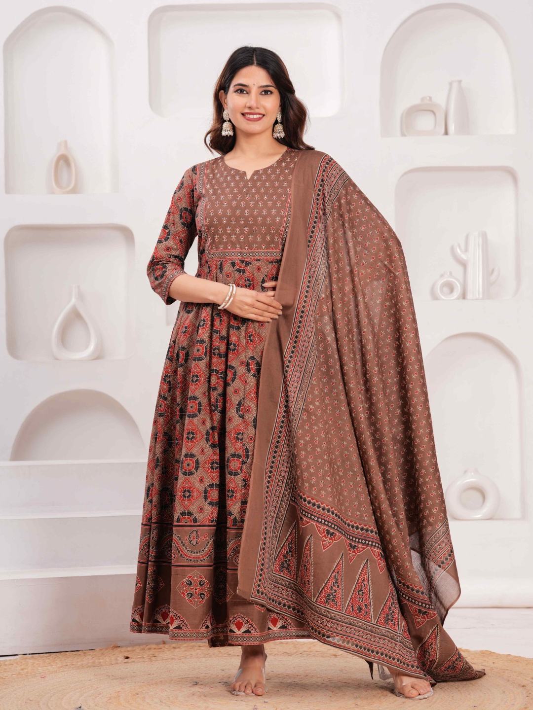 

JAIMINI Women Floral Printed Layered Sequinned Pure Cotton Kurta with Trousers & With Dupatta, Brown