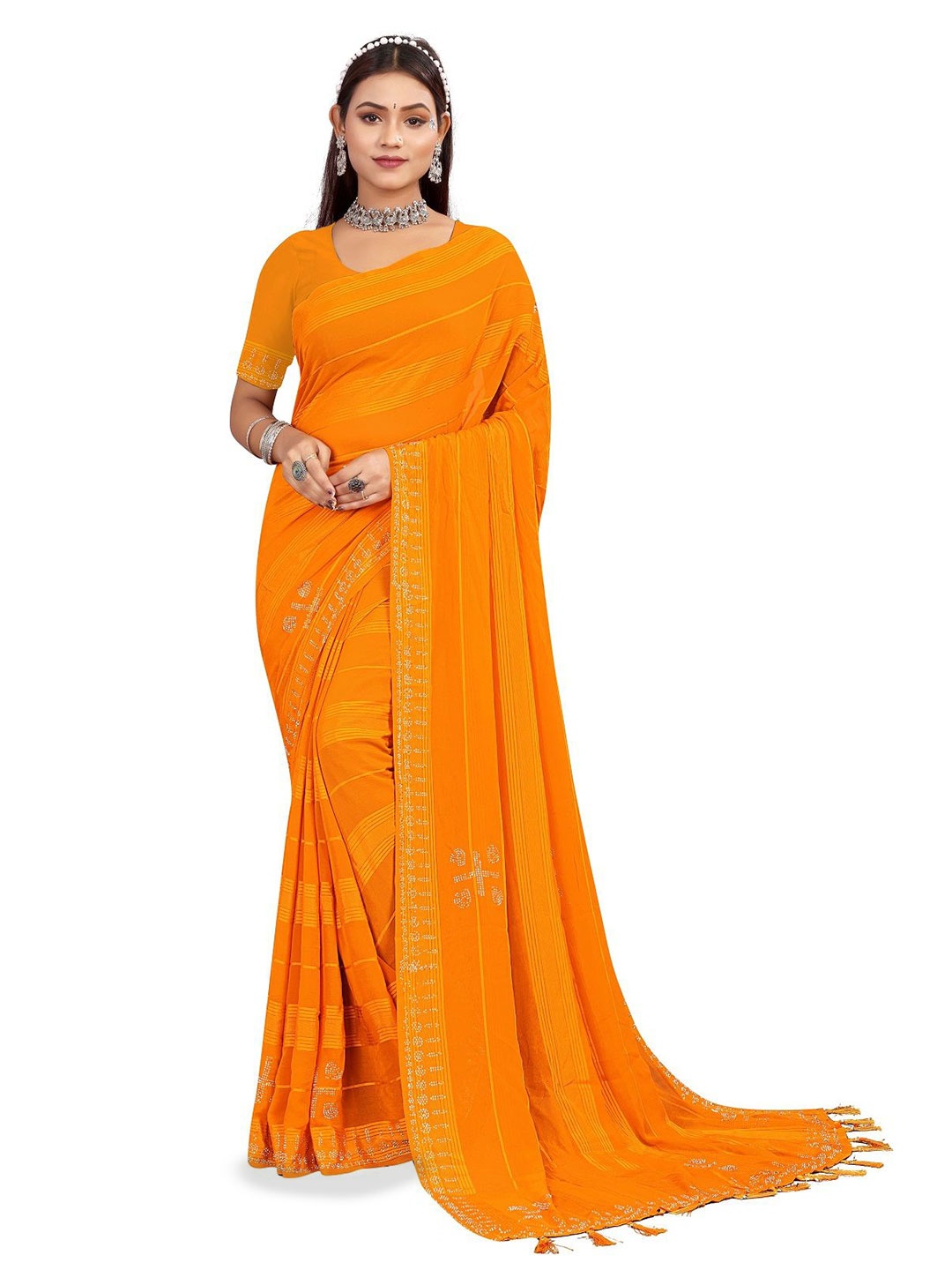 

shree krishna fashion Striped Beads and Stones Poly Chiffon Leheriya Saree, Yellow