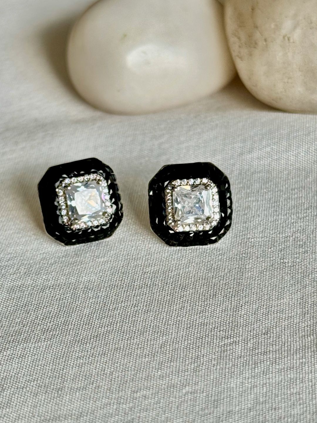 

The Jewellery Tale Silver-Plated American Diamond Studded Square Shaped Studs, Black