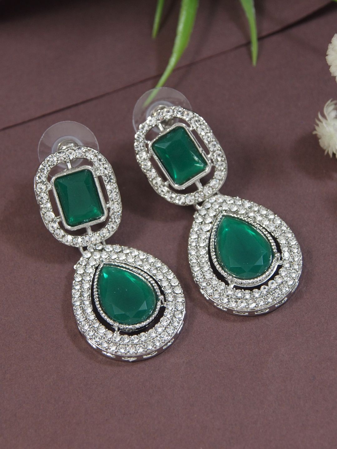 

I Jewels Silver-Plated Artificial Stones Studded Teardrop Shaped Drop Earrings