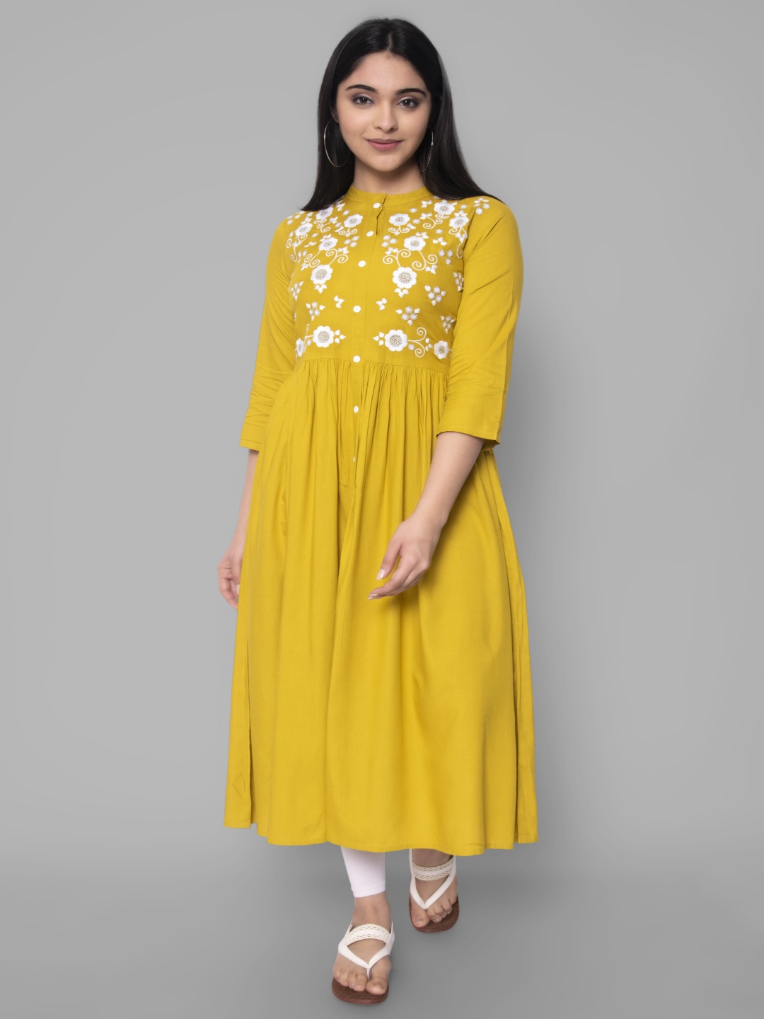 

PALSIYA PRESENTS Floral Embroidered Mandarin Collar Thread Work A-Line Kurta, Mustard