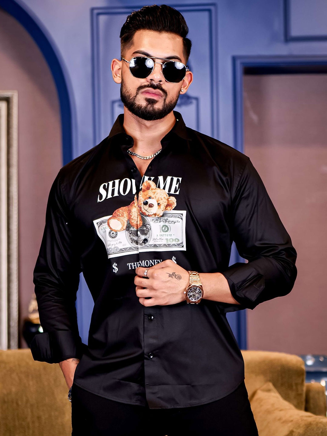 

Foomer Men Standard Opaque Printed Casual Shirt, Black