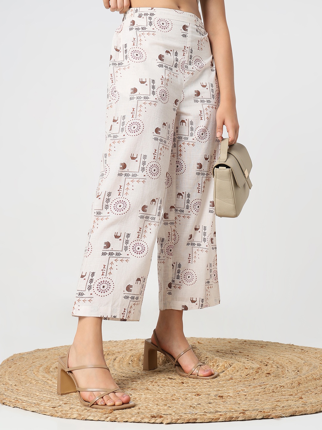 

R&B Women Floral Printed Straight Fit Trousers, Beige