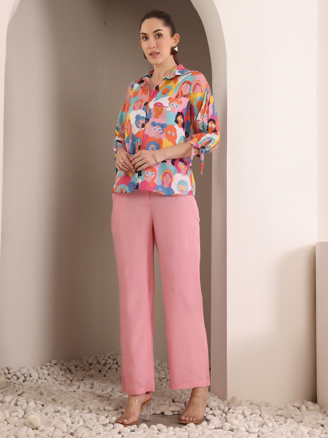 

ADORNIA Printed Pure Cotton Shirt With Trouser, Pink