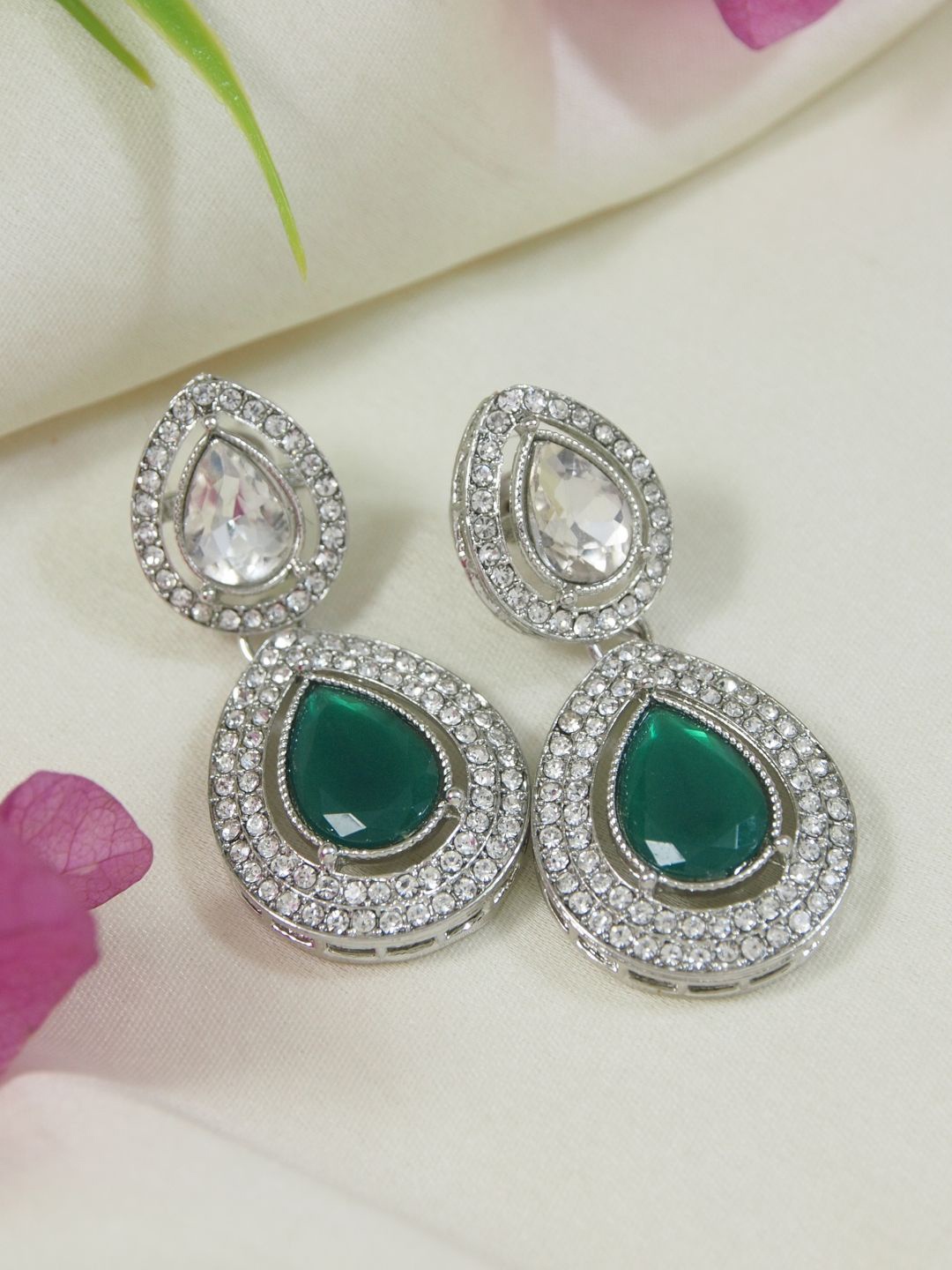 

I Jewels Silver-Plated Artificial Stones Studded Teardrop Shaped Drop Earrings