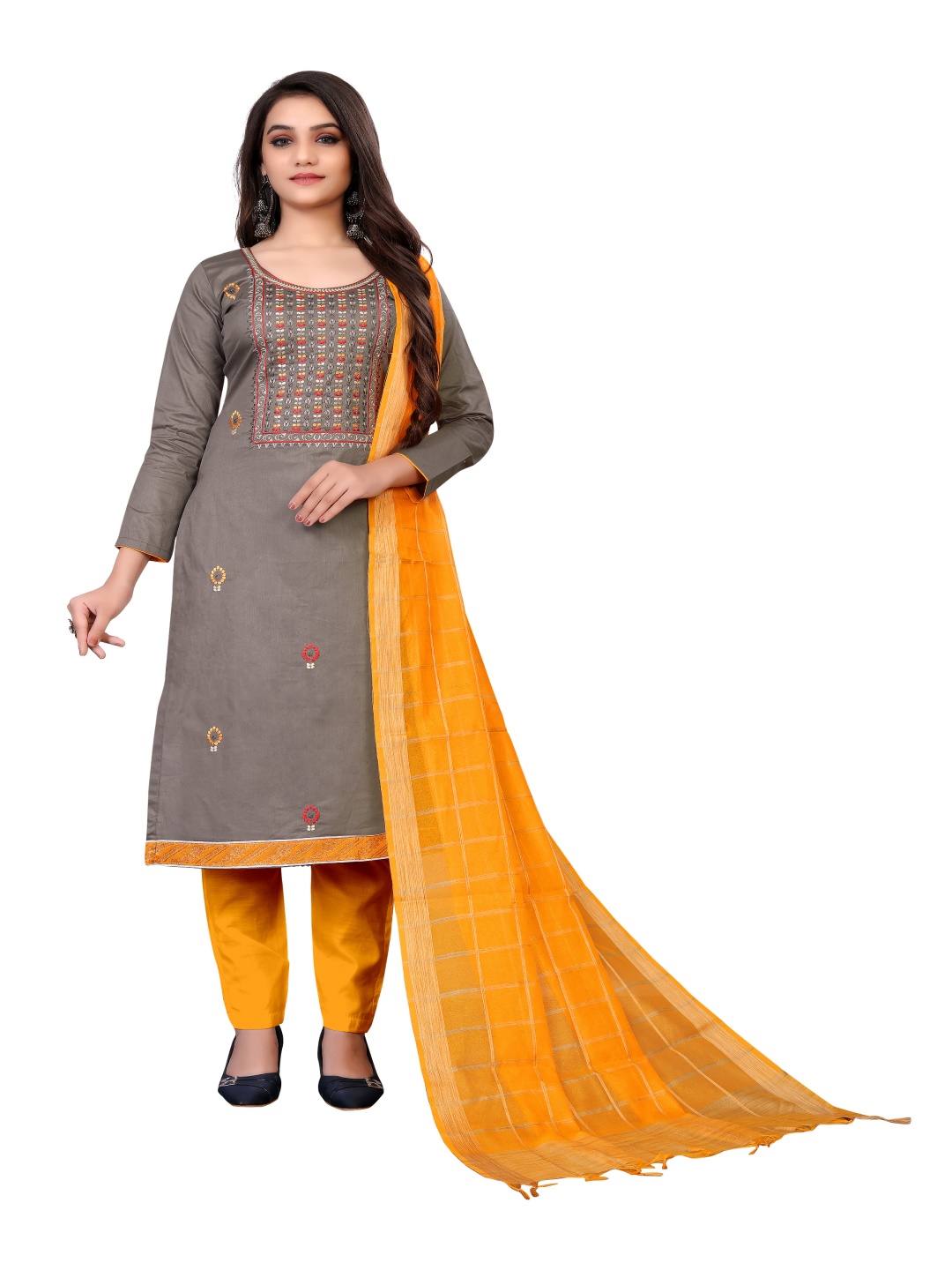 

HERE&NOW Floral Embroidered Thread Work Unstitched Dress Material, Grey