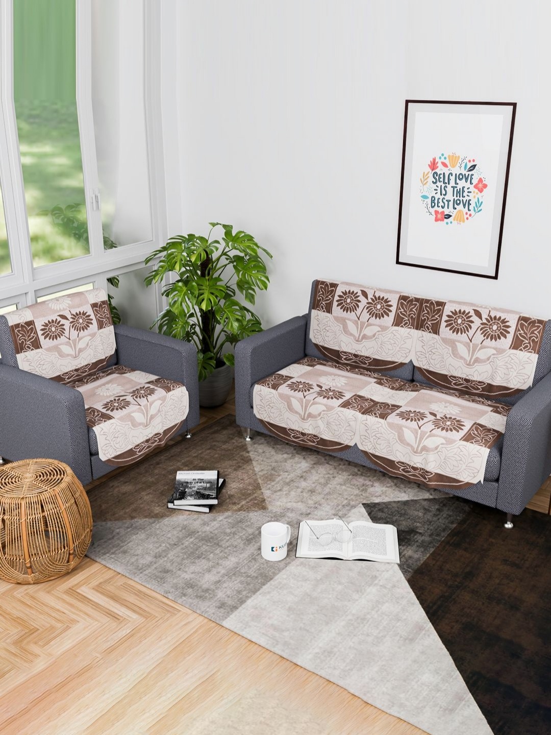 

Aura 6 Pieces Brown & White Floral Printed Cotton Sofa Covers