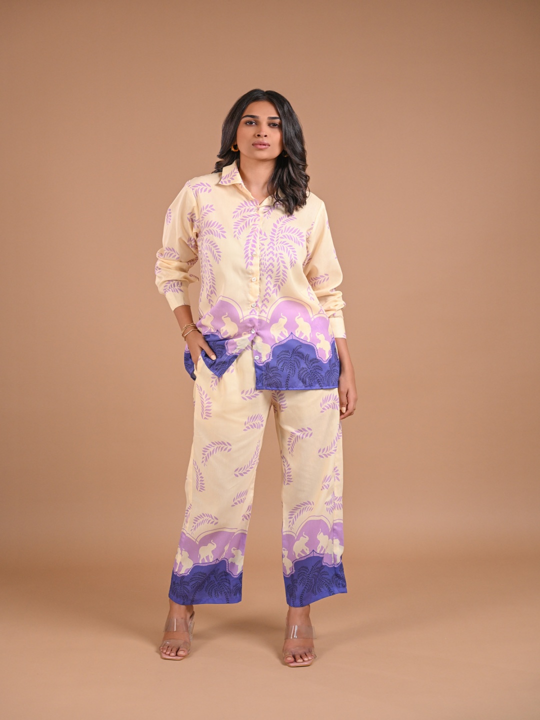 

aaRVee STUDIO Printed Long Sleeves Shirt With Trouser, Cream