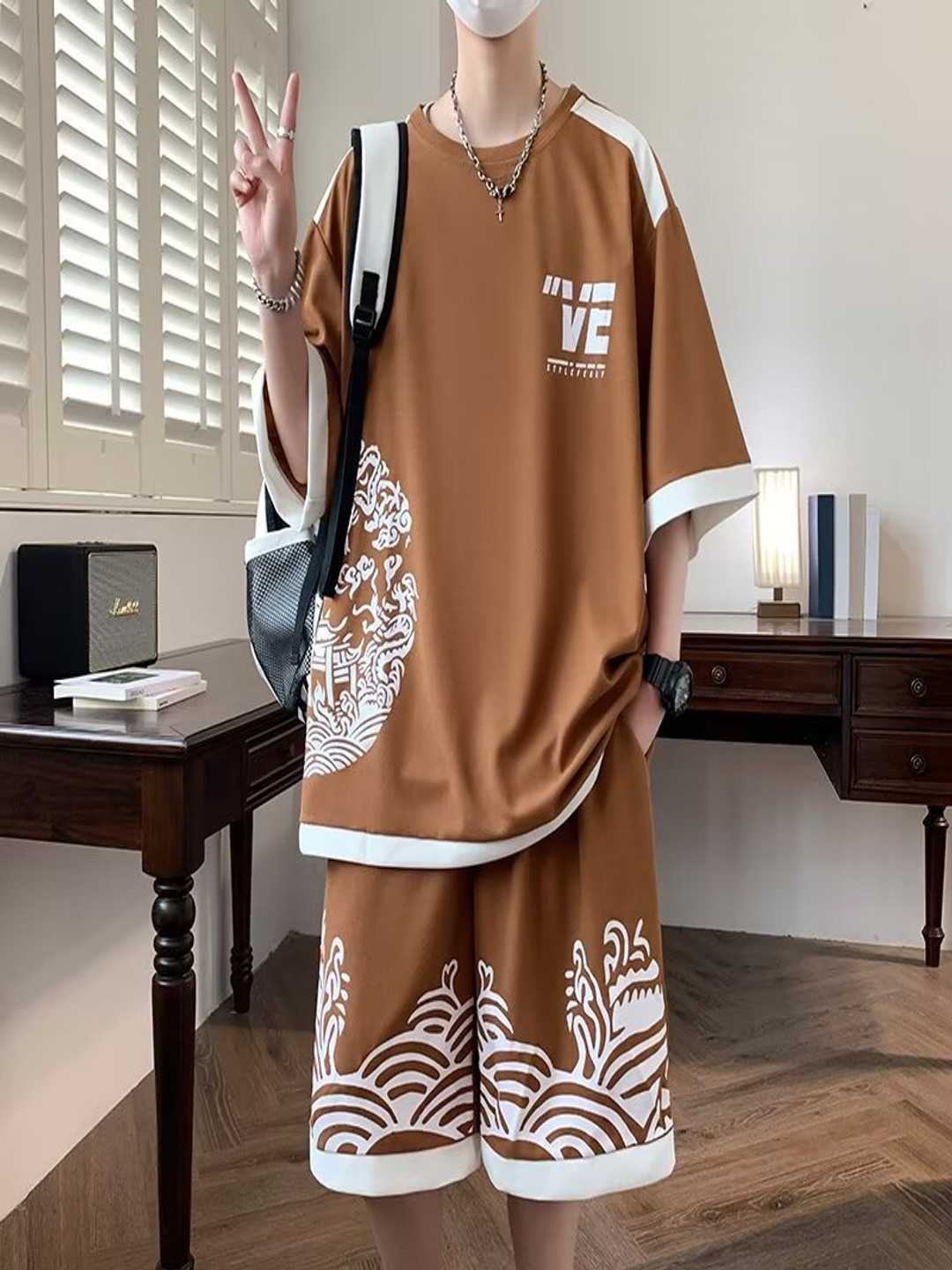 

StyleCast Printed Round Neck T-Shirt With Shorts Co-Ords, Brown