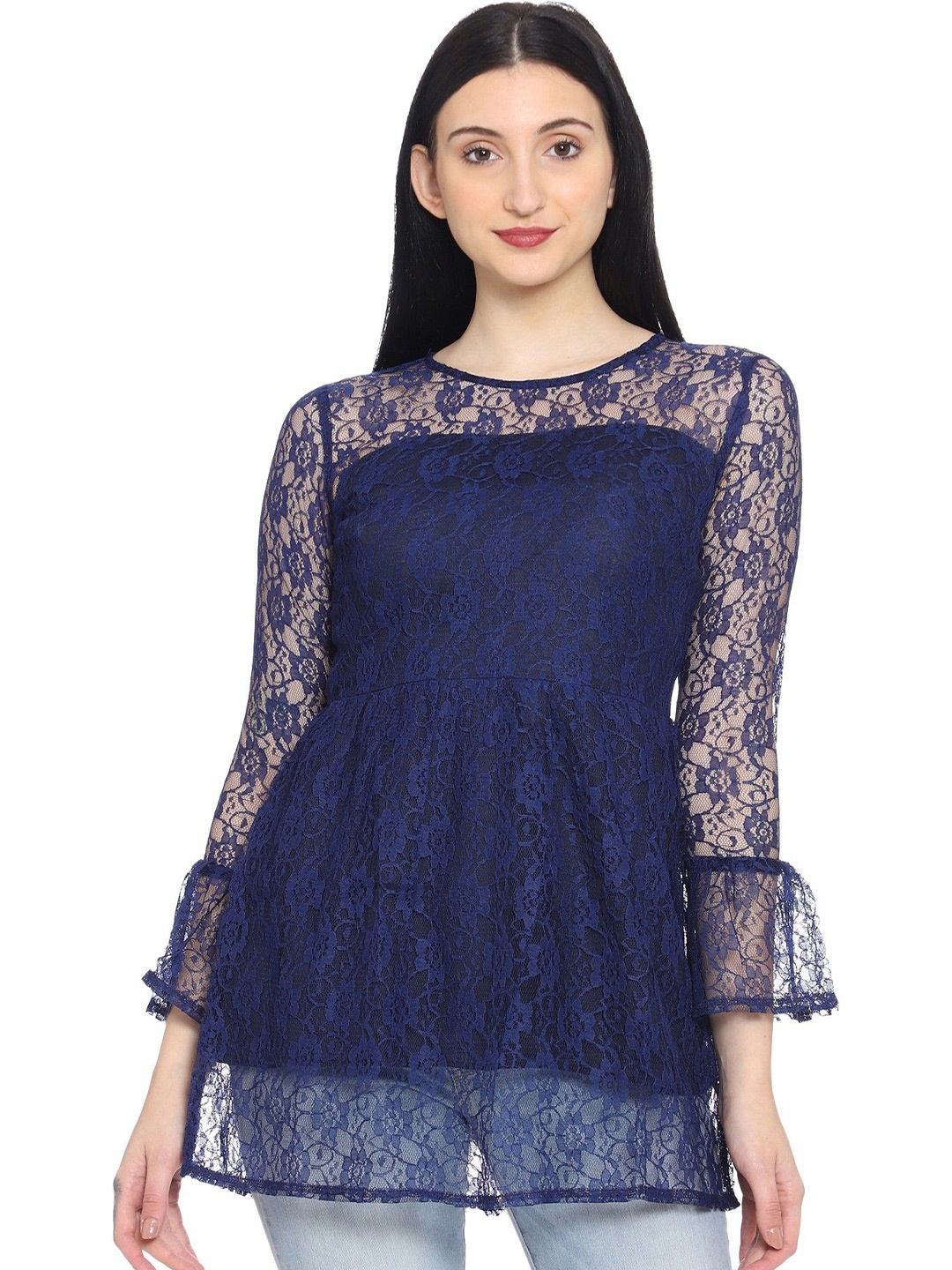 

ROARERS Embellished Flared Sleeve Net Top, Blue