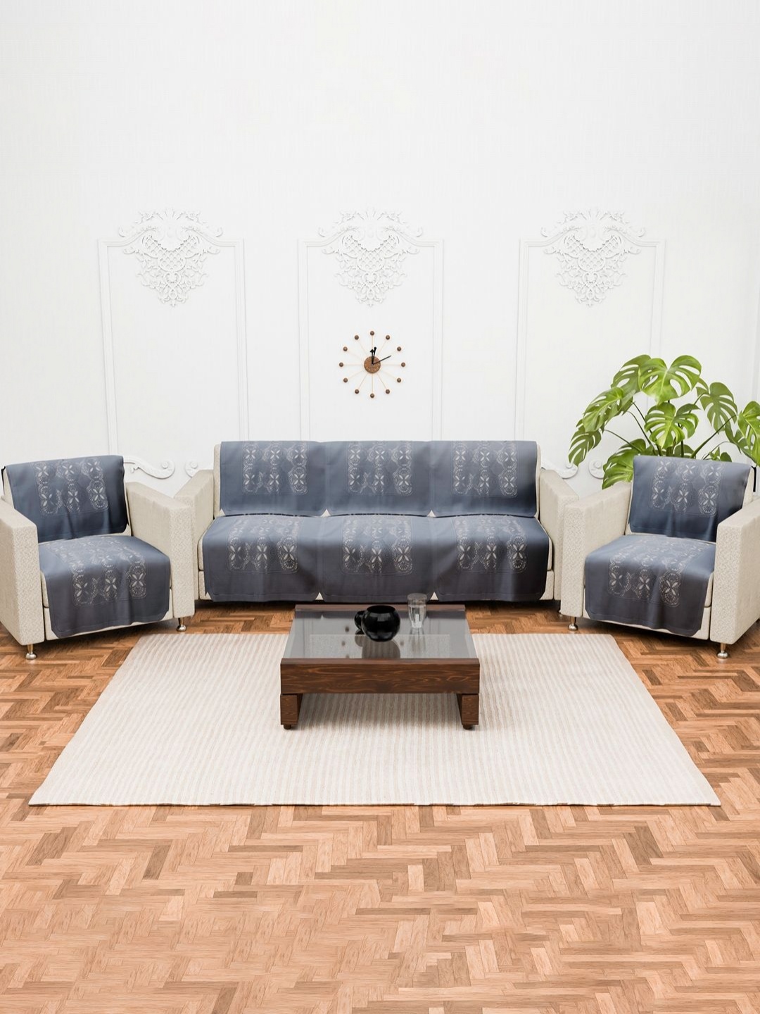 

Aura Grey & Off White 10 Pieces Self Design Cotton 5 Seater Sofa Cover
