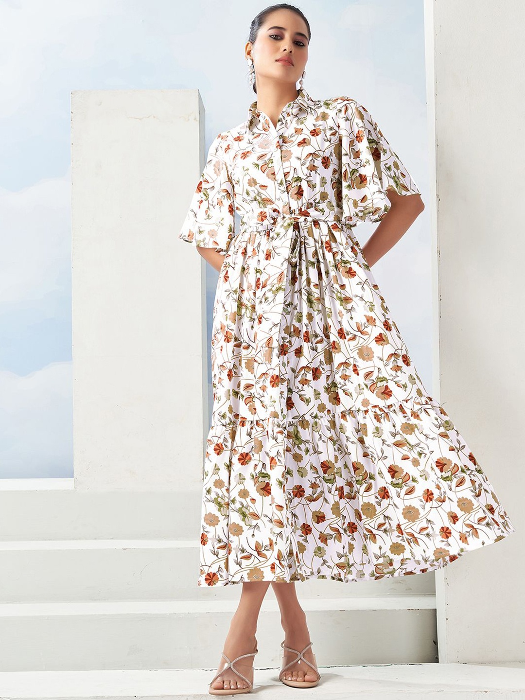 

Moda Rapido Floral Print Flared Sleeve Fit & Flare Midi Dress, White
