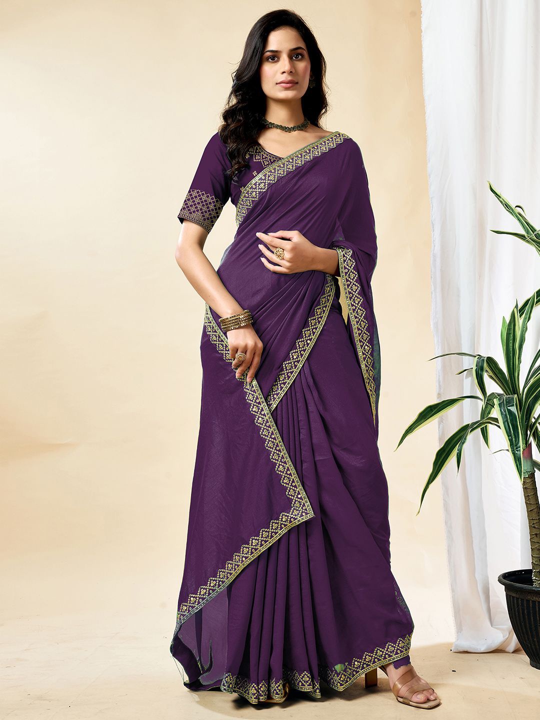 

all about you Embroidered Silk Blend Tussar Saree, Purple