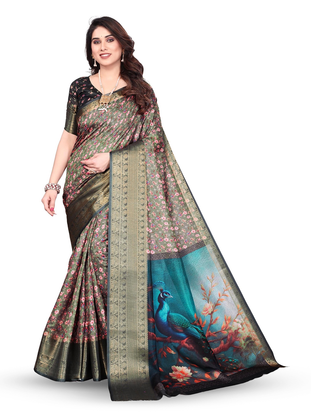 

MAGNEITTA Kalamkari Zari Silk Blend Saree, Green