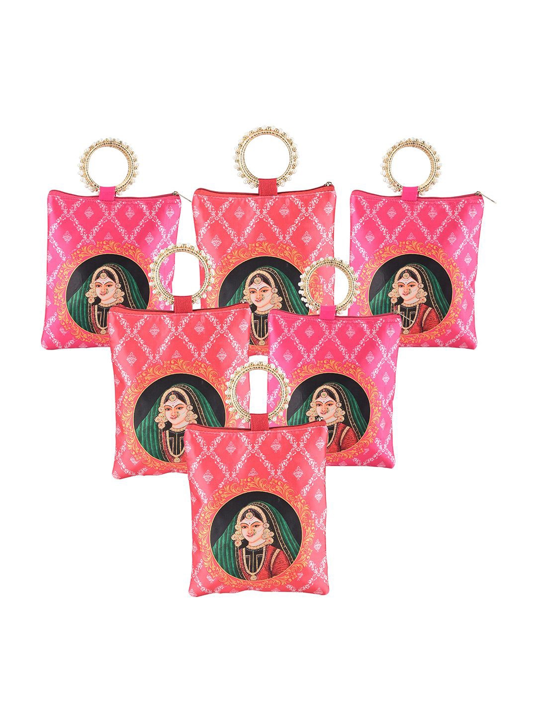 

Kuber Industries 6 Pcs Silk Small Women Hand Bags Printed Structured Tote Bag with Quilted, Pink
