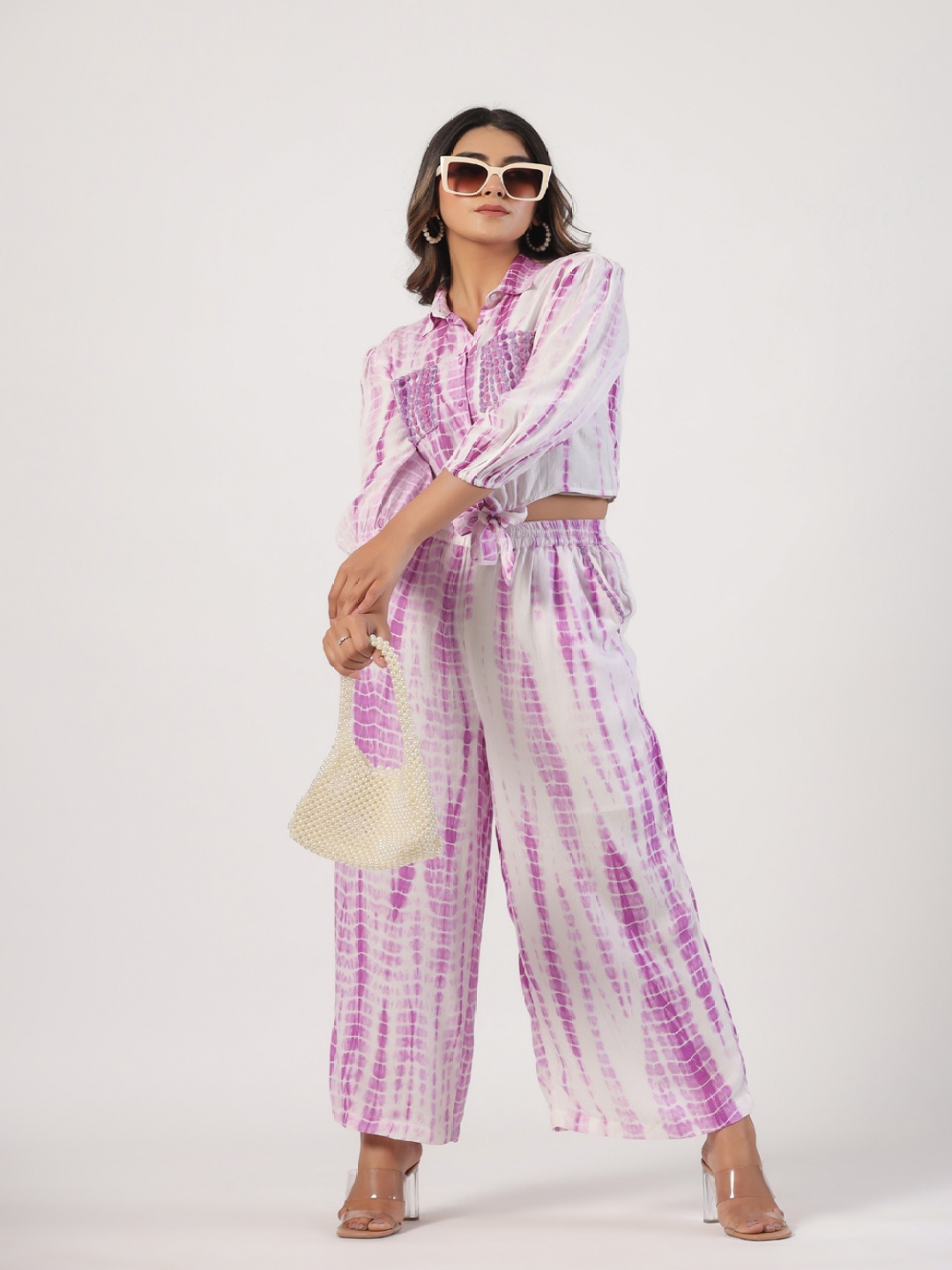 

STIL O STITCH Tie & Dyed Printed Shirt With Palazzos, Purple