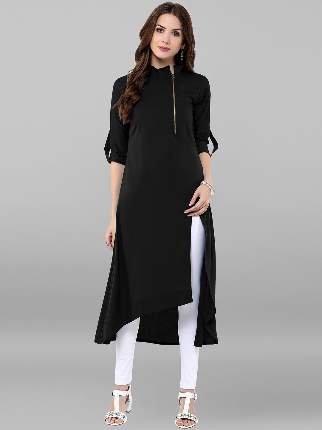 

KALINI Mandarin Collar Roll-Up Sleeves High Low A-Line Kurta, Black