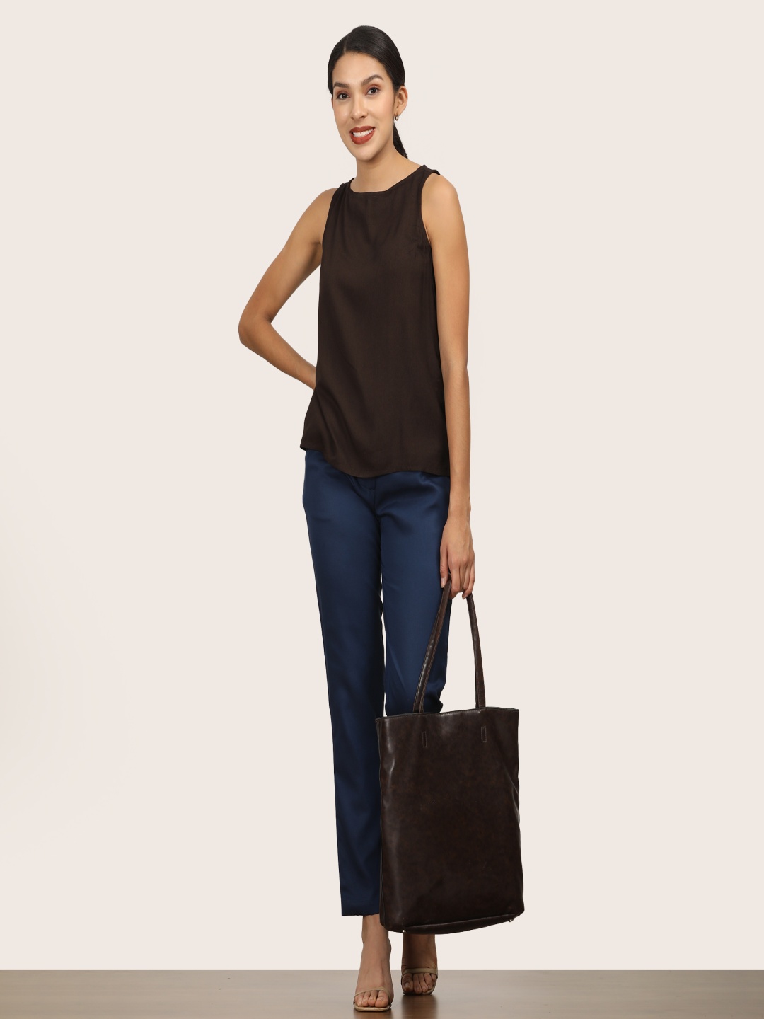 

Saltpetre Women Coffee Boat Neck Sleeveless Top With Trousers Co-Ord Set, Coffee brown