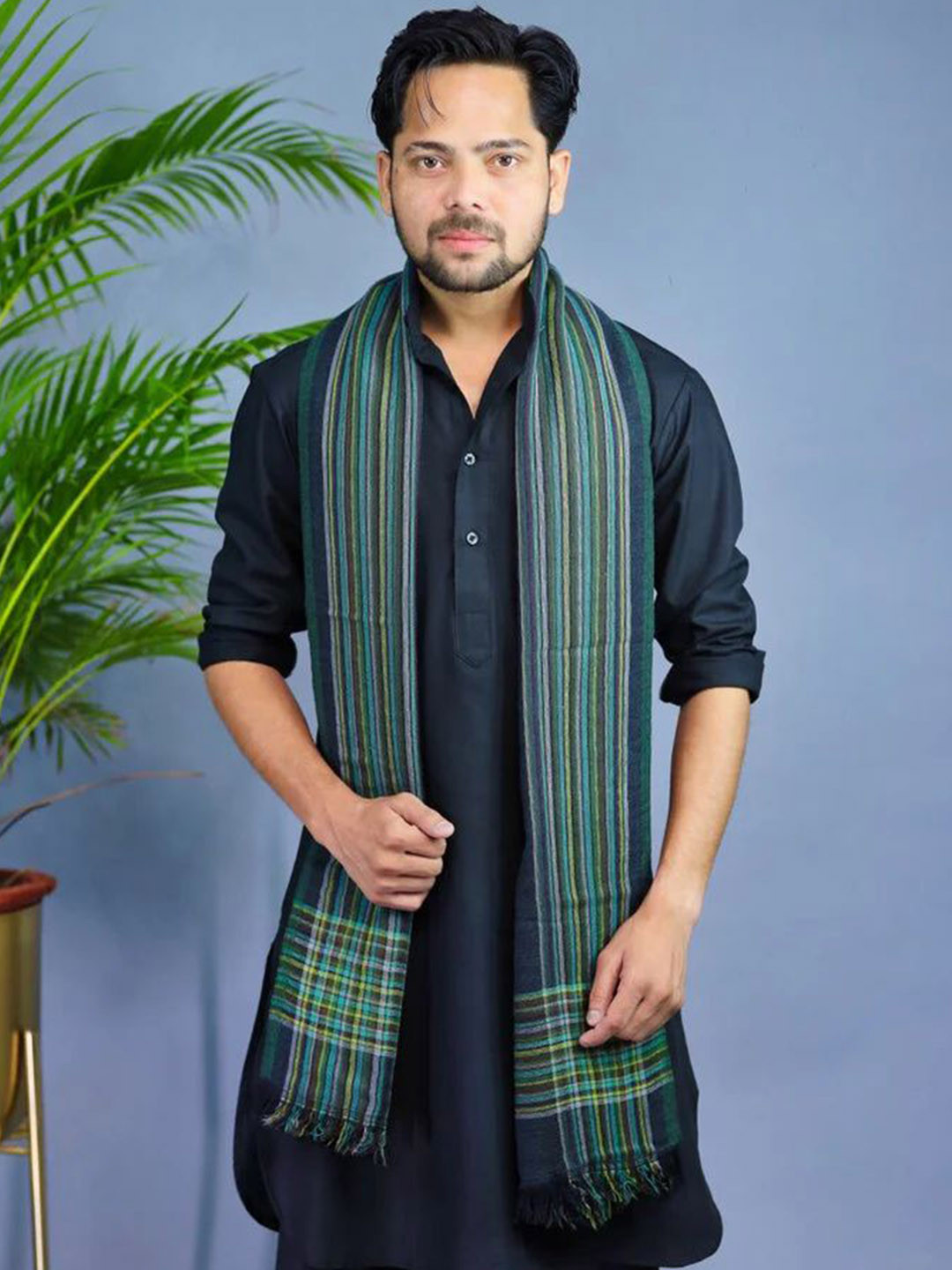 

THE SHAWL STUDIO Woolen Striped Printed Reversible Shawl, Black