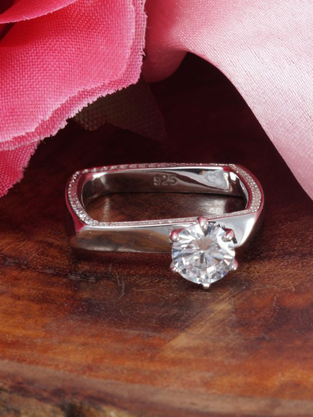 

Tuanz Silver Jewelry 925 Sterling Silver Silver-Plated Cubic Zirconia-Studded Finger Ring