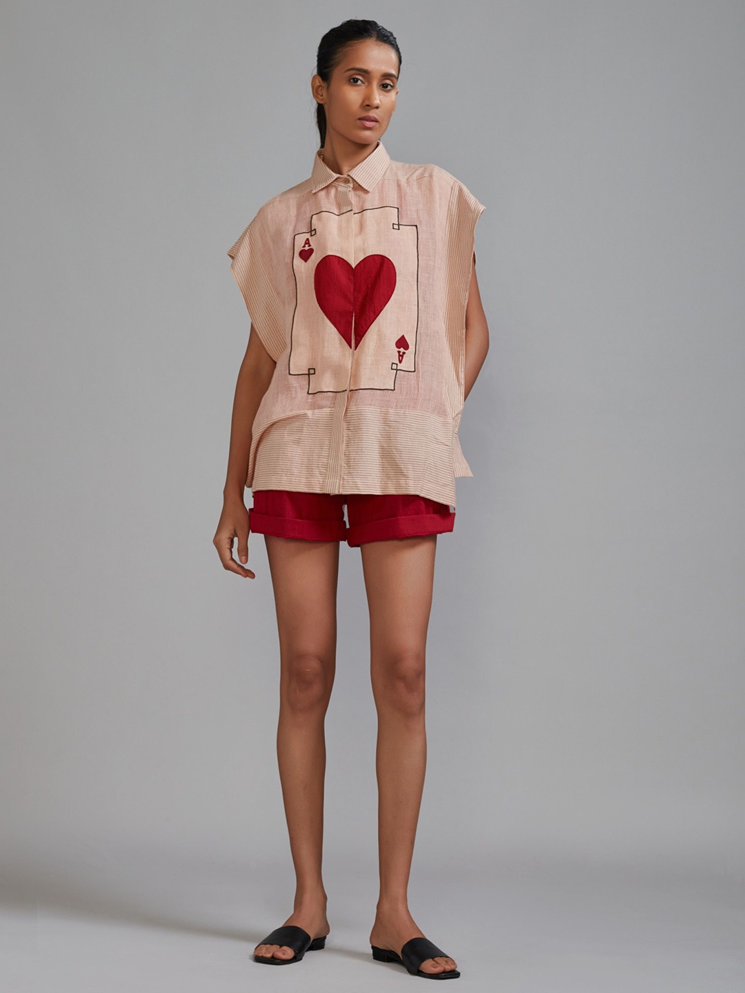 

MATI Printed Shirt Collar Linen Shirt with Shorts, Pink
