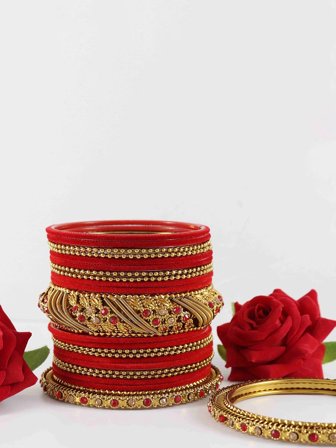 

ZULKA Set Of 46 Cubic Zirconia Stones Studded Velvet Bangles, Gold