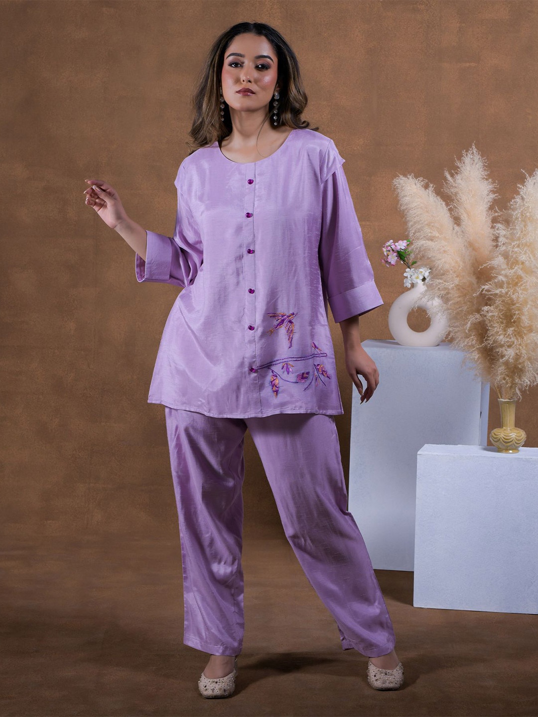 

Phulkari Forever Pure Silk Shirt Style Top, Purple