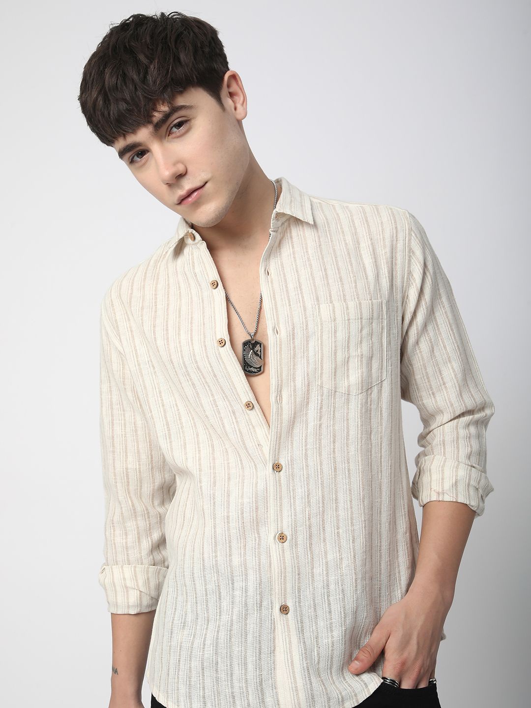 

VASTRADO Men Classic Slim Fit Multi Stripes Opaque Striped Casual Shirt, Beige