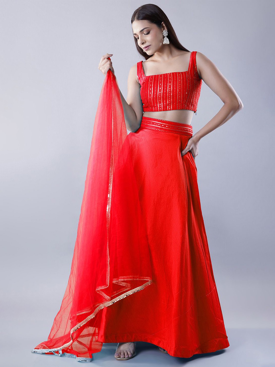 

Utsav Fashion Embroidered Sequinned Shibori Ready to Wear Lehenga & Choli With Dupatta, Red