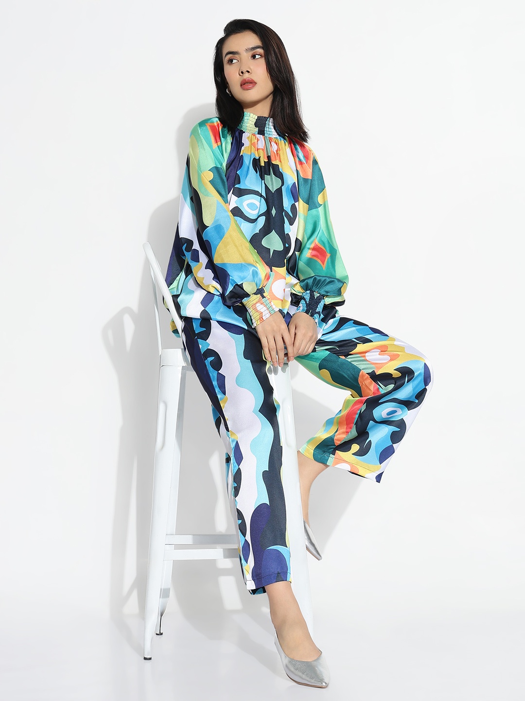 

SHOWOFF Printed High Neck Top With Trouser, Blue