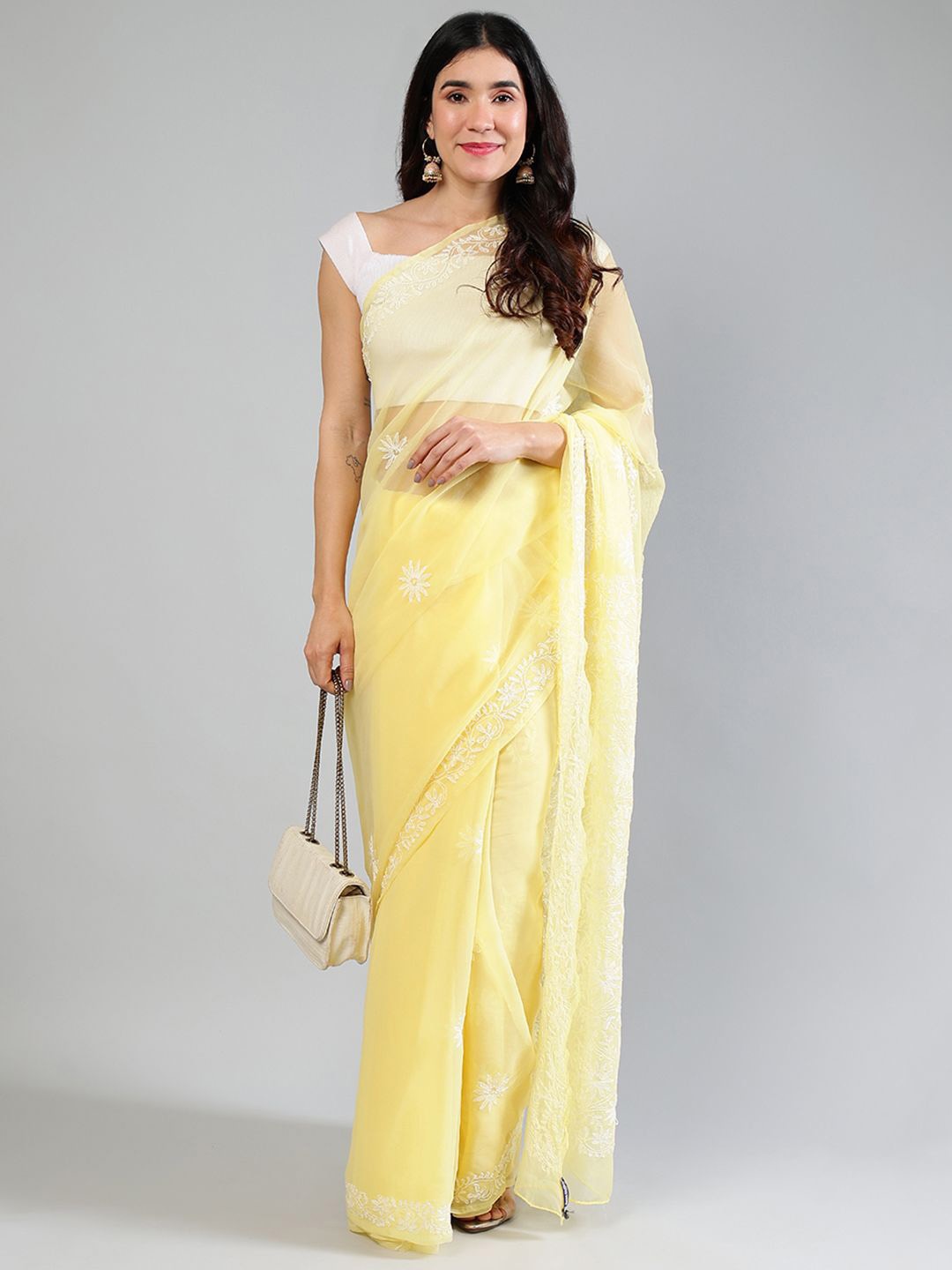 

Seva Chikan Ethnic Motifs Embroidered Poly Georgette Designer Saree, Yellow