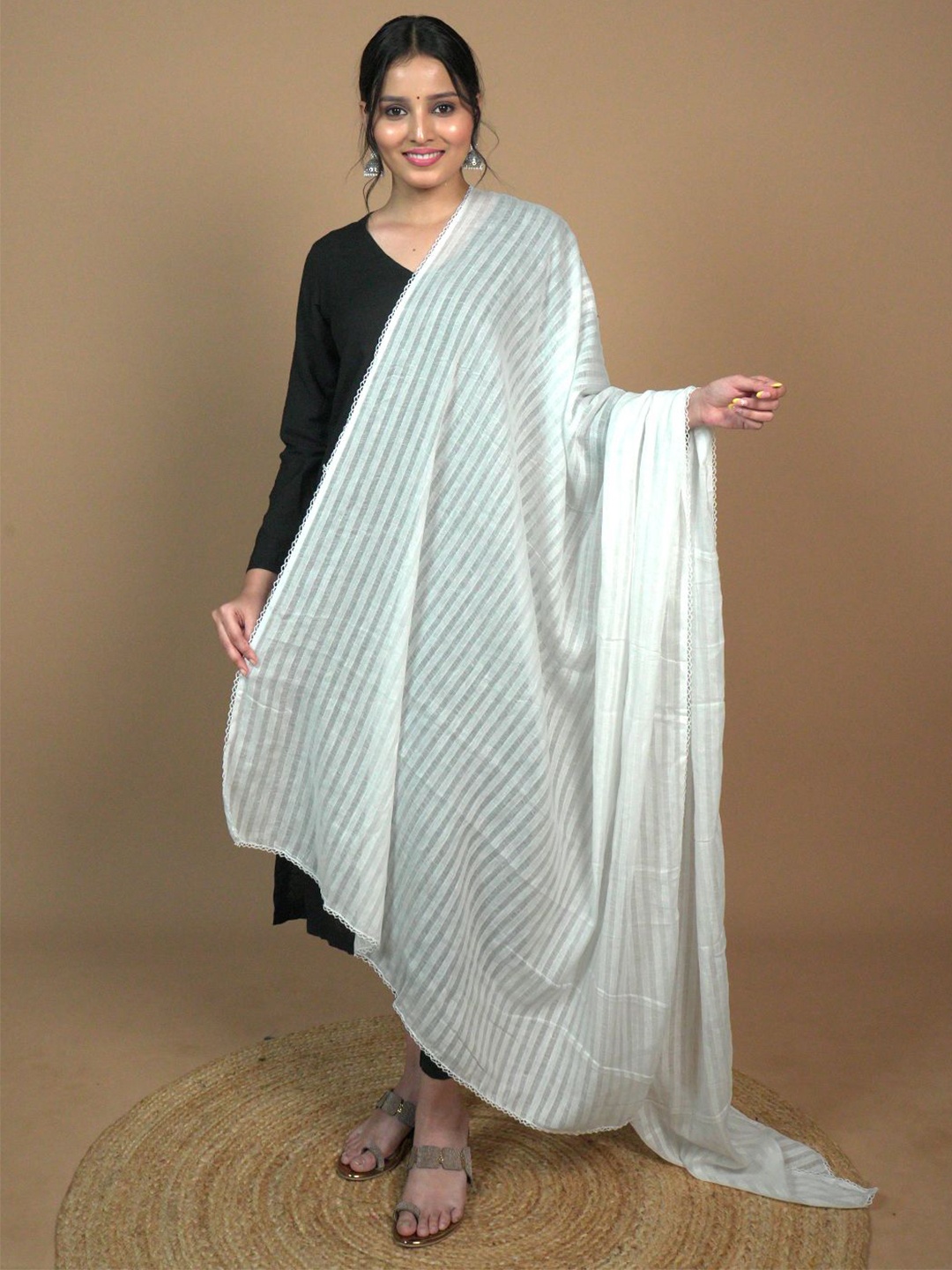 

HELLA FASHIONS Striped Printed Cotton Dupatta, White