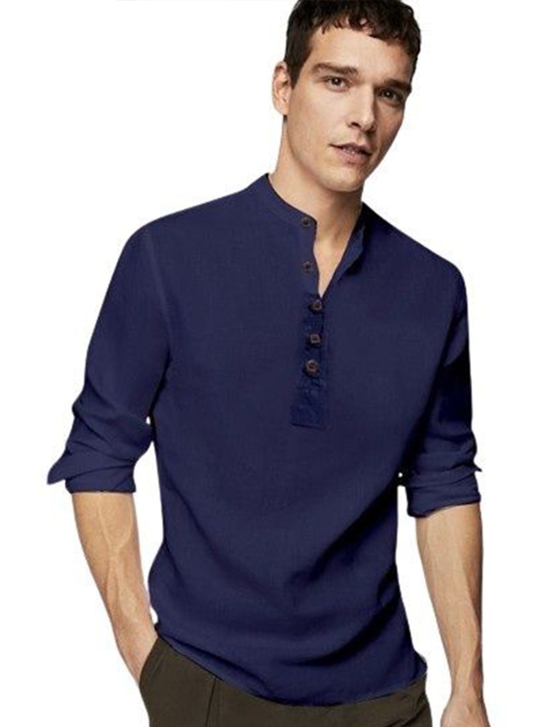 

ISUEL FAB Men Solid Mandarin Collar Cotton Casual Shirt, Blue