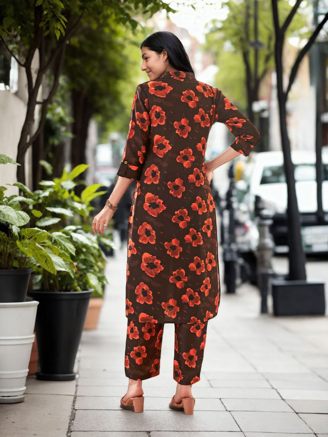 

Moda Rapido Floral Printed Shirt Collar Straight Kurta With Trouser, Coffee brown