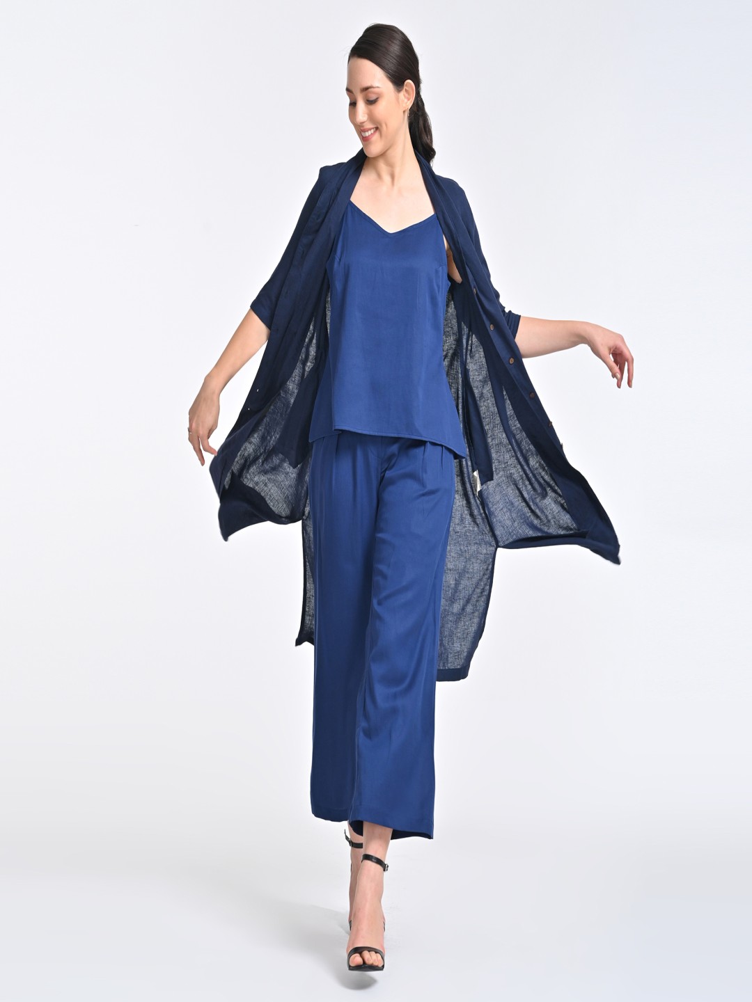 

Saltpetre V-Neck Top With Trousers & Shrug Co-Ords, Navy blue