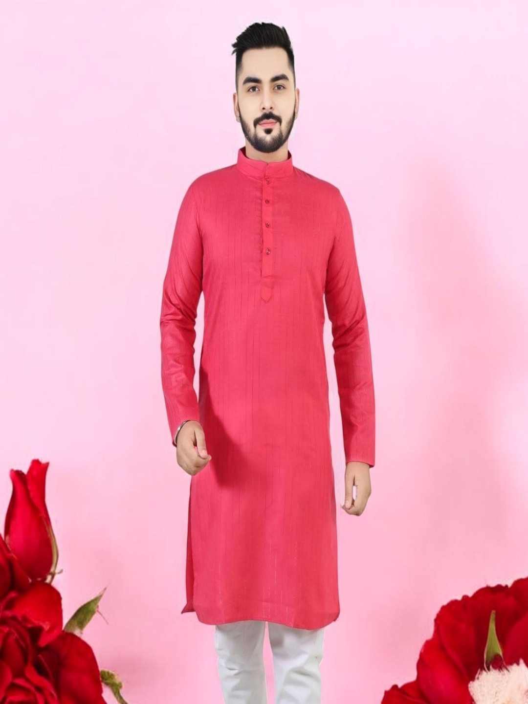

Atly Striped Band Collar Straight Kurta, Red