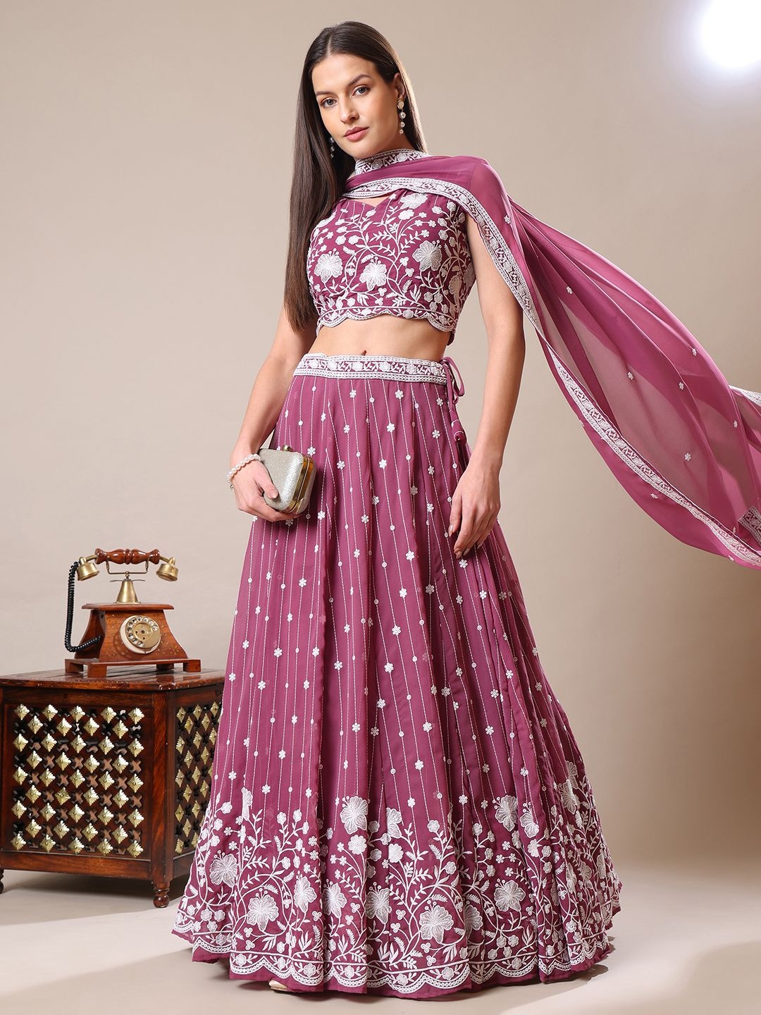 

Kinjo Floral Embroidered Thread Work Ready to Wear Lehenga With Blouse And Dupatta, Lavender