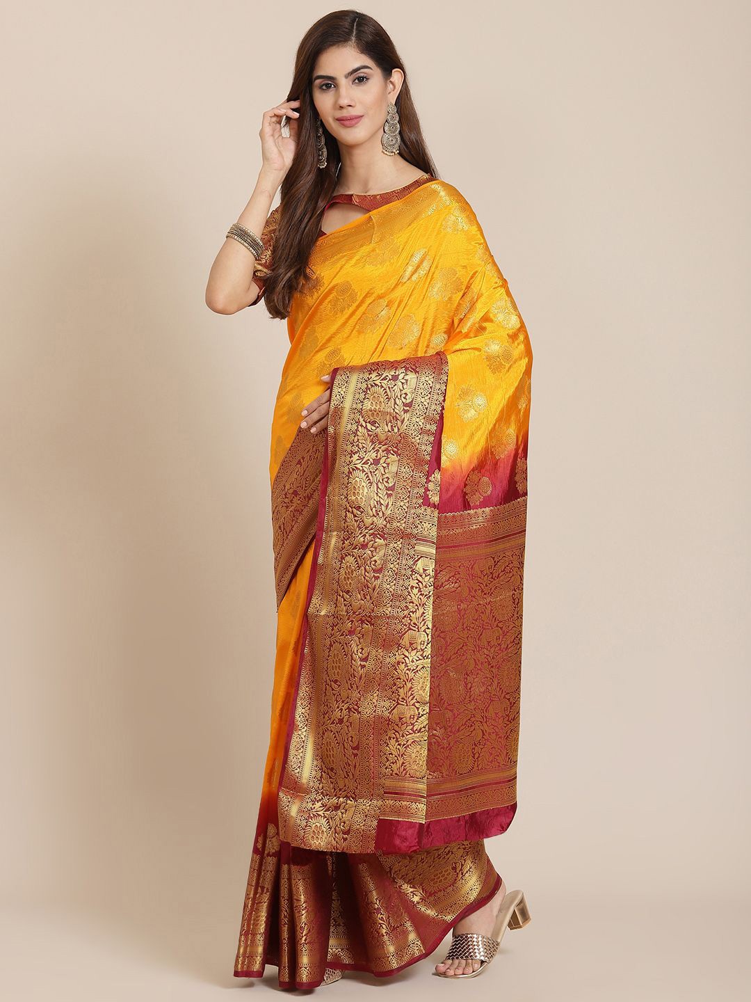 

DIVASTRI Woven Design Zari Silk Blend Banarasi Saree, Yellow