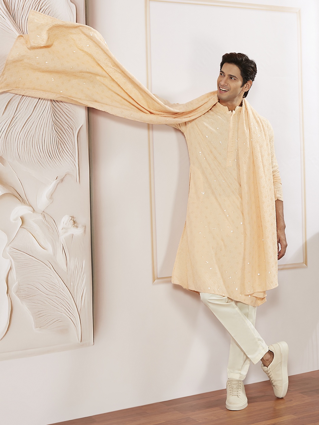 

VASTRAMAY Men Embroidered Regular Sequinned Kurta with Trousers & With Dupatta, Peach