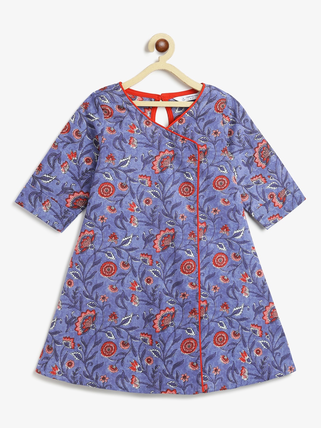 

Campana Girls Floral Printed Angrakha V-Neck Pure Cotton A-Line Kurta, Blue